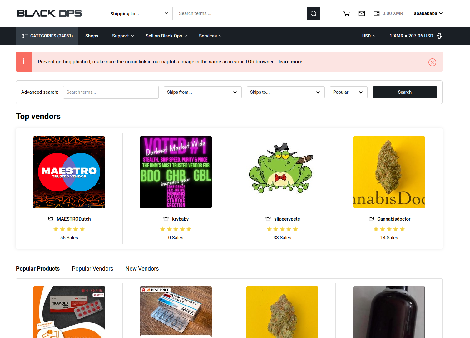 BlackOps Market Interface - Secure Monero Darknet Marketplace